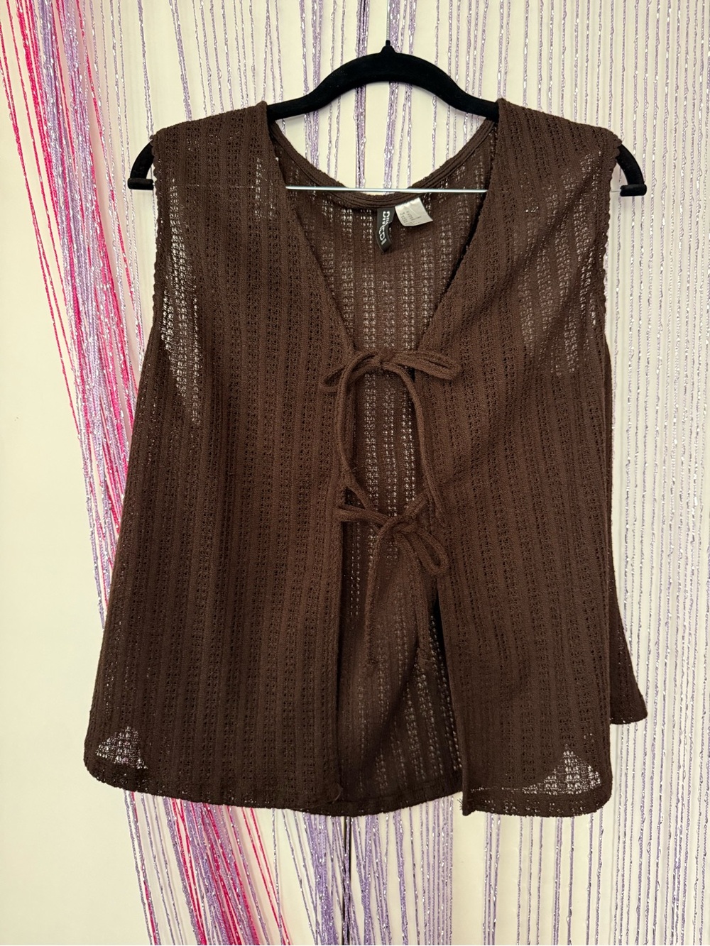 Divided Brown Crochet Tie-Front Sleeveless Tunic